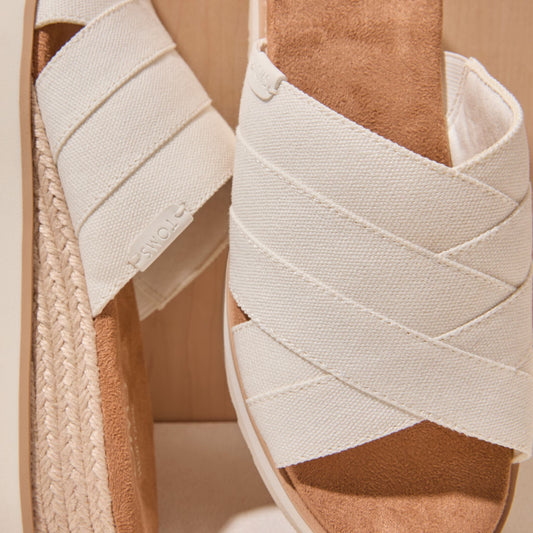 Up close detail image of the white canvas crossover Diana Mule sandal
