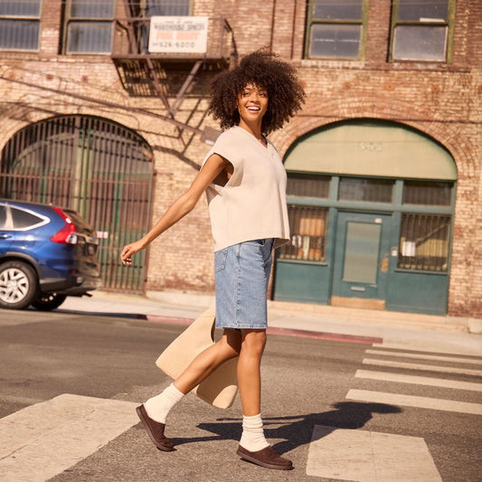 On model image of the Womens Alpargata Ease Mule Chocolate Brown Microsuede w/ Faux Fur