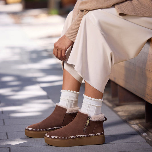 On model image of the Womens Percy Mid Platform Sneaker Water Resistant Hot Cocoa Suede w/ Faux Fur