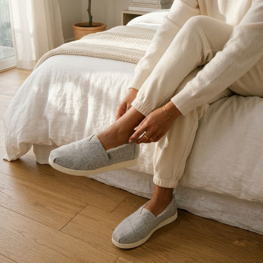 On model image of the Womens Alpargata Plus Light Grey Heathered Tweed w/ Faux Fur