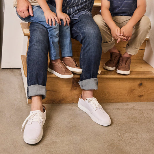Men'sz Carlo 2.0 in White Legacy with Kids Cruz Mid in Toffee Microsuede Toddler and Youth Shoes Lifestyle Image