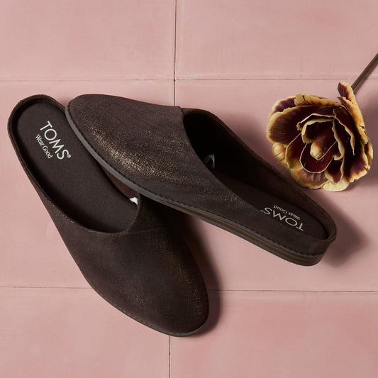 Laydown image of the shimmer chocolate brown Amelia slip on mule