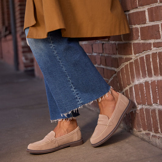 On model image of the Womens Marie Loafer Taupe Suede
