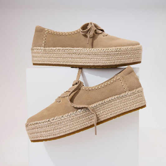Laydown detail image of the toffee suede lace up Valencia platform espadrille