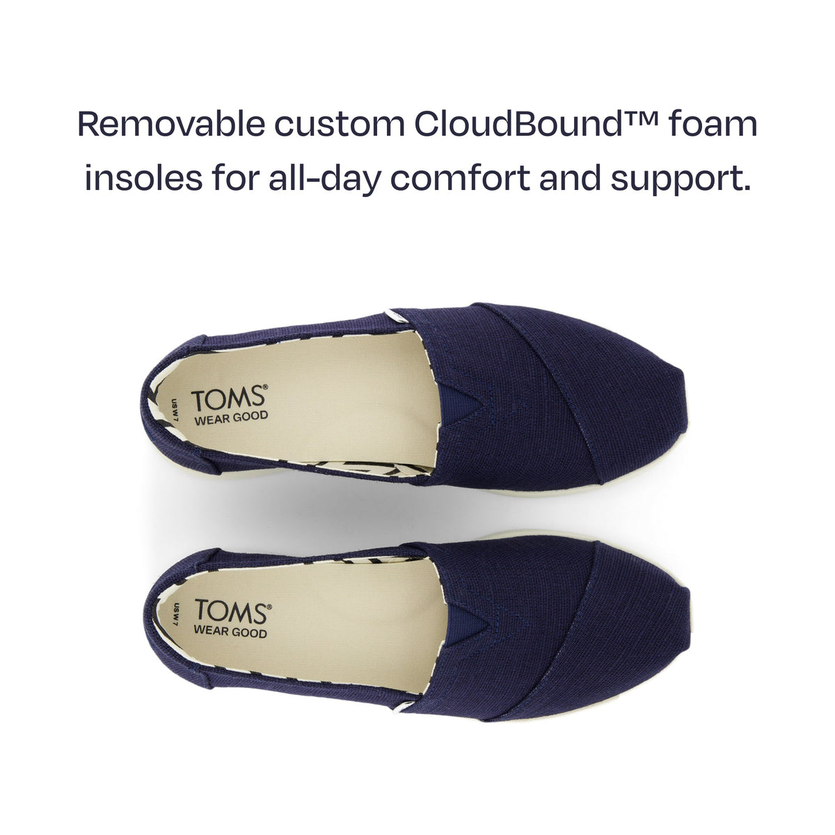 alpargata plus top down shot - featuring removable custom cloudbound foam insoles for all day comfort and support