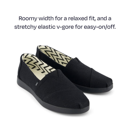 black black alpargata plus - roomy width for a relaxed fit, and a stretchy elastic v-gore for easy on/off.