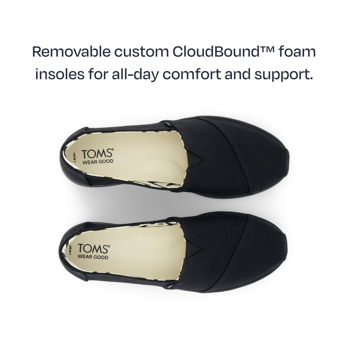 alpargata plus top down shot - featuring removable custom cloudbound foam insoles for all day comfort and support