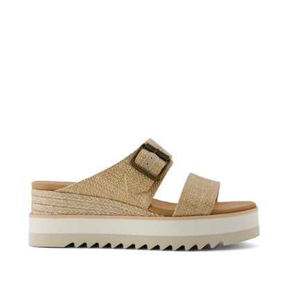 Diana Mule Buckle Wedge Sandal - Almond Raffia Side View