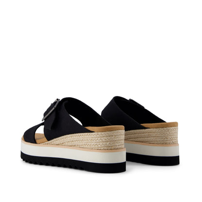 Diana Mule Buckle Wedge Sandal - Black Heavy Canvas Back View