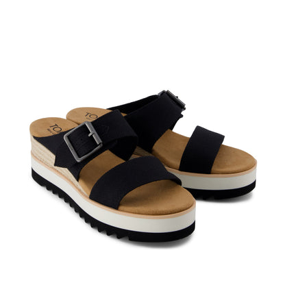 Diana Mule Buckle Wedge Sandal - Black Heavy Canvas Front View