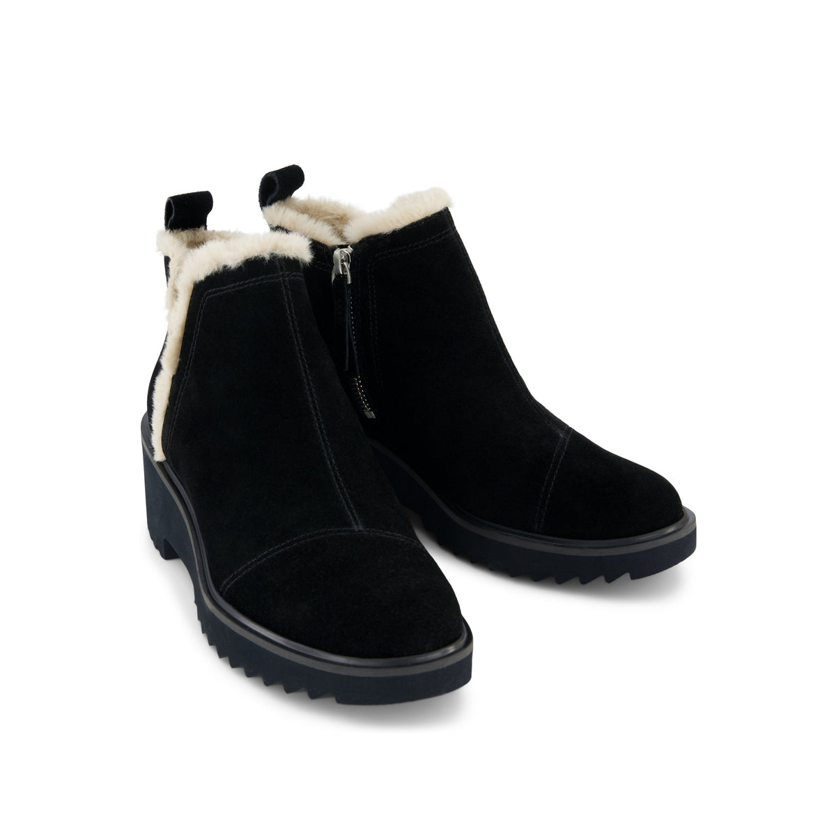 Maude Wedge Boot - Black Suede Faux Fur Front View