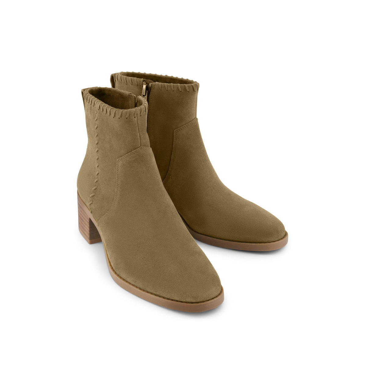 Delilah Heeled Boot - Water Repellent Military Olive Suede Front View