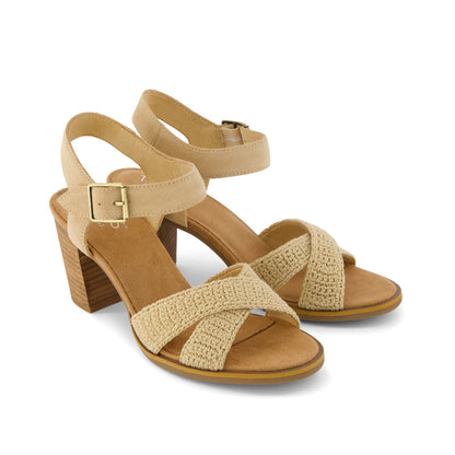 Majorca Strappy Heeled Sandal - Caramel Crochet Front View