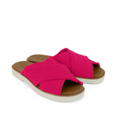 Mae Crossover Slide Sandal - Fuchsia Heritage Canvas Fray Front View