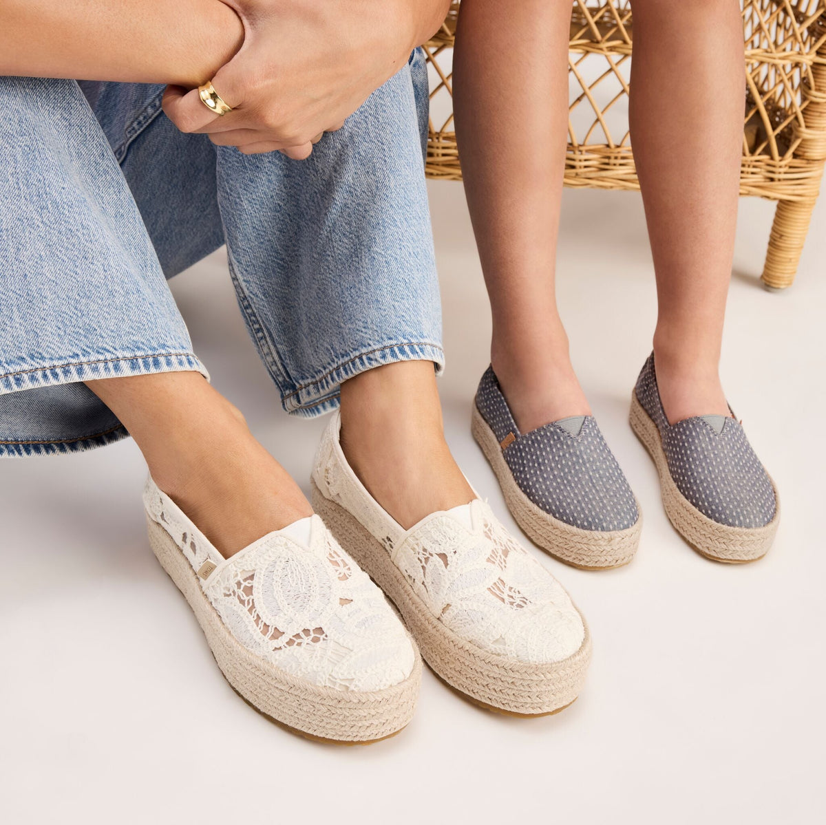 On model image of the chambray dot Valencia youth espadrille