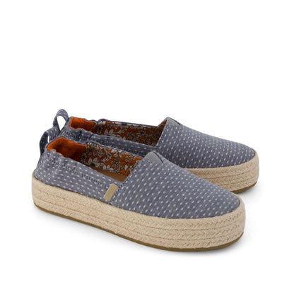 Valencia Platform Kids Espadrille - Niagara Mist Chambray Dot Front View