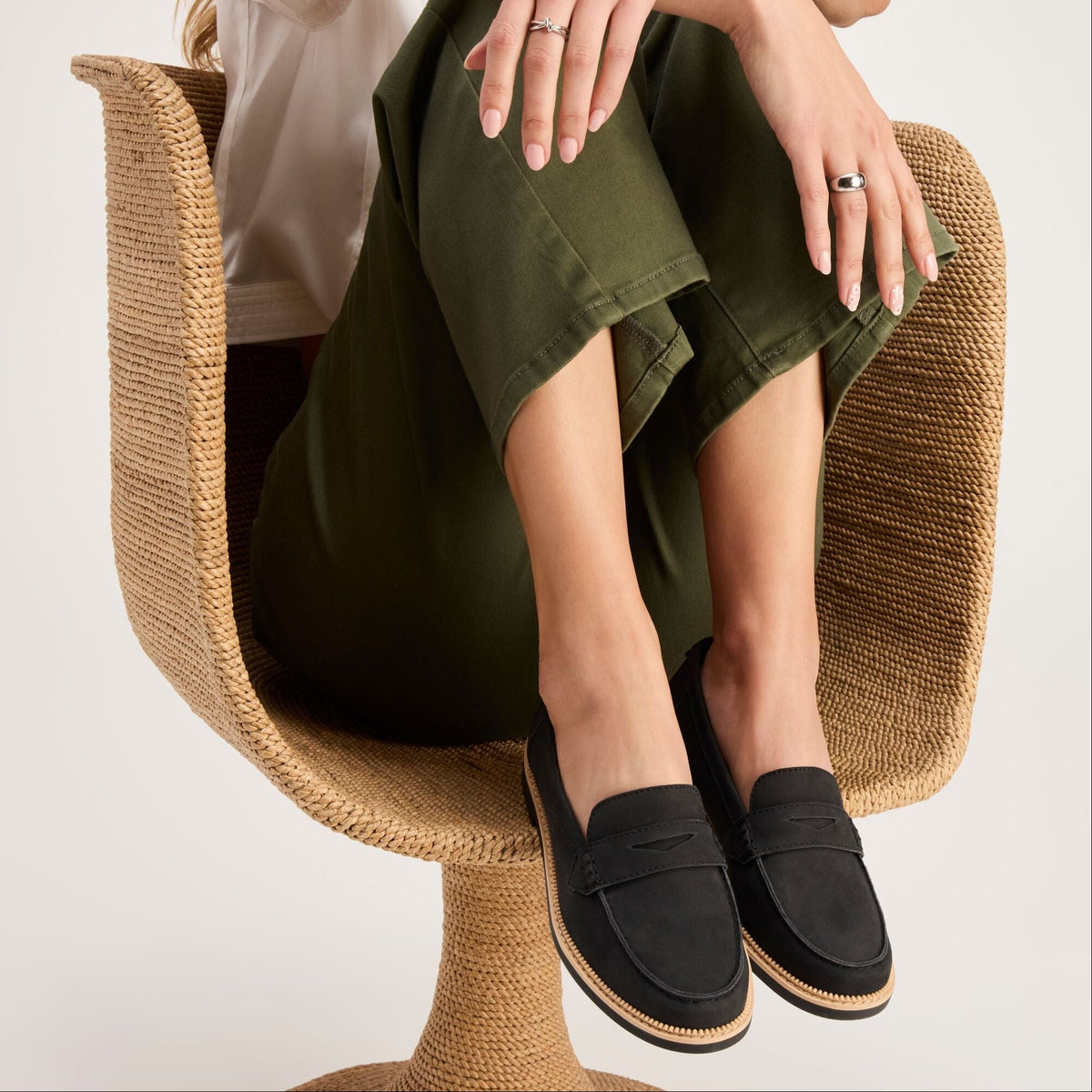 On model shot of the Womens Marie Loafer in Black Leather