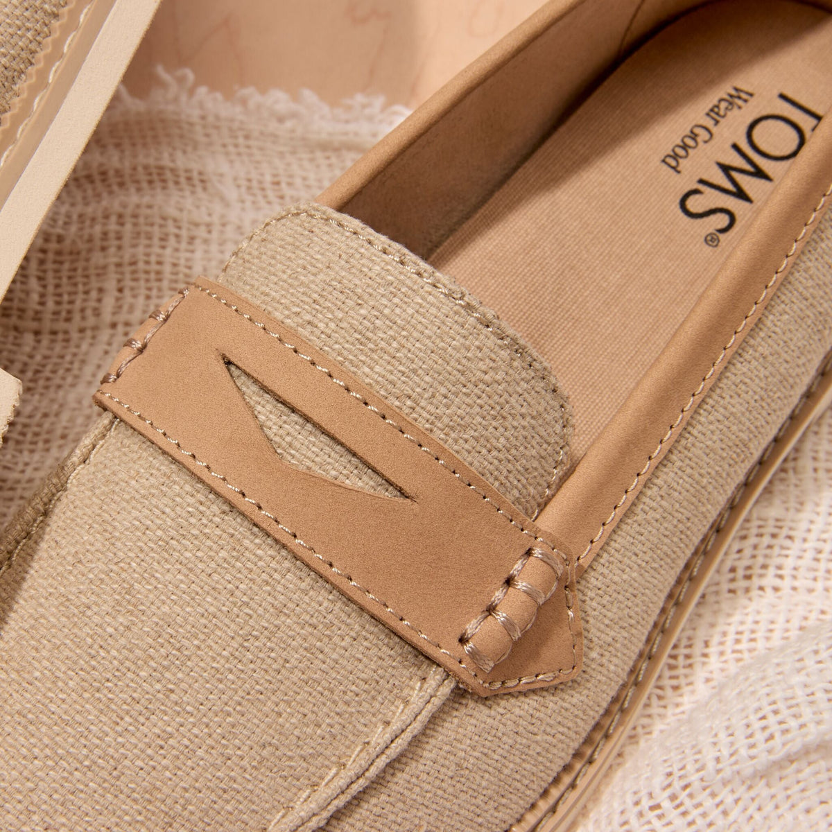 Up close detail shot of the Womens Marie Loafer in Natural Textile
