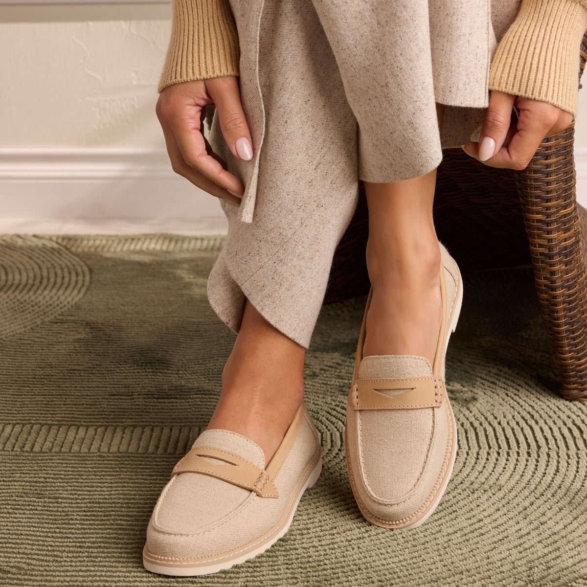 On model image of the Womens Marie Loafer in Natural Textile