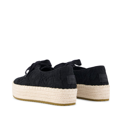 Valencia Lace-Up Platform Espadrille - Black Floral Crochet Back View