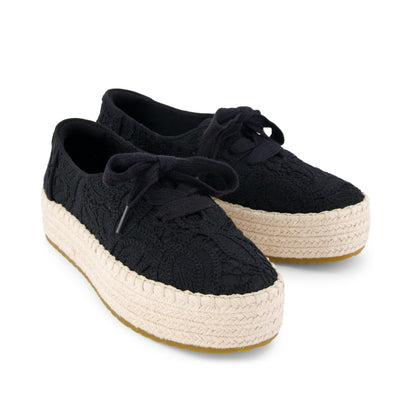 Valencia Lace-Up Platform Espadrille - Black Floral Crochet Front View