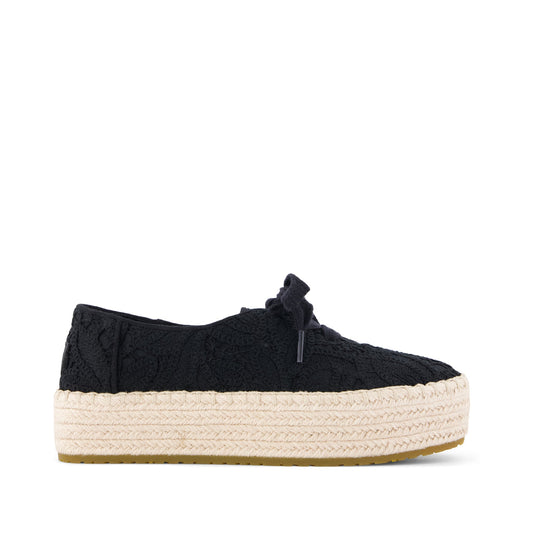Valencia Lace-Up Platform Espadrille - Black Floral Crochet Side View