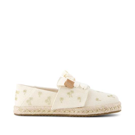 Carolina Lace-Up Kids Espadrille - Metallic Embroidered Palm Trees Side View