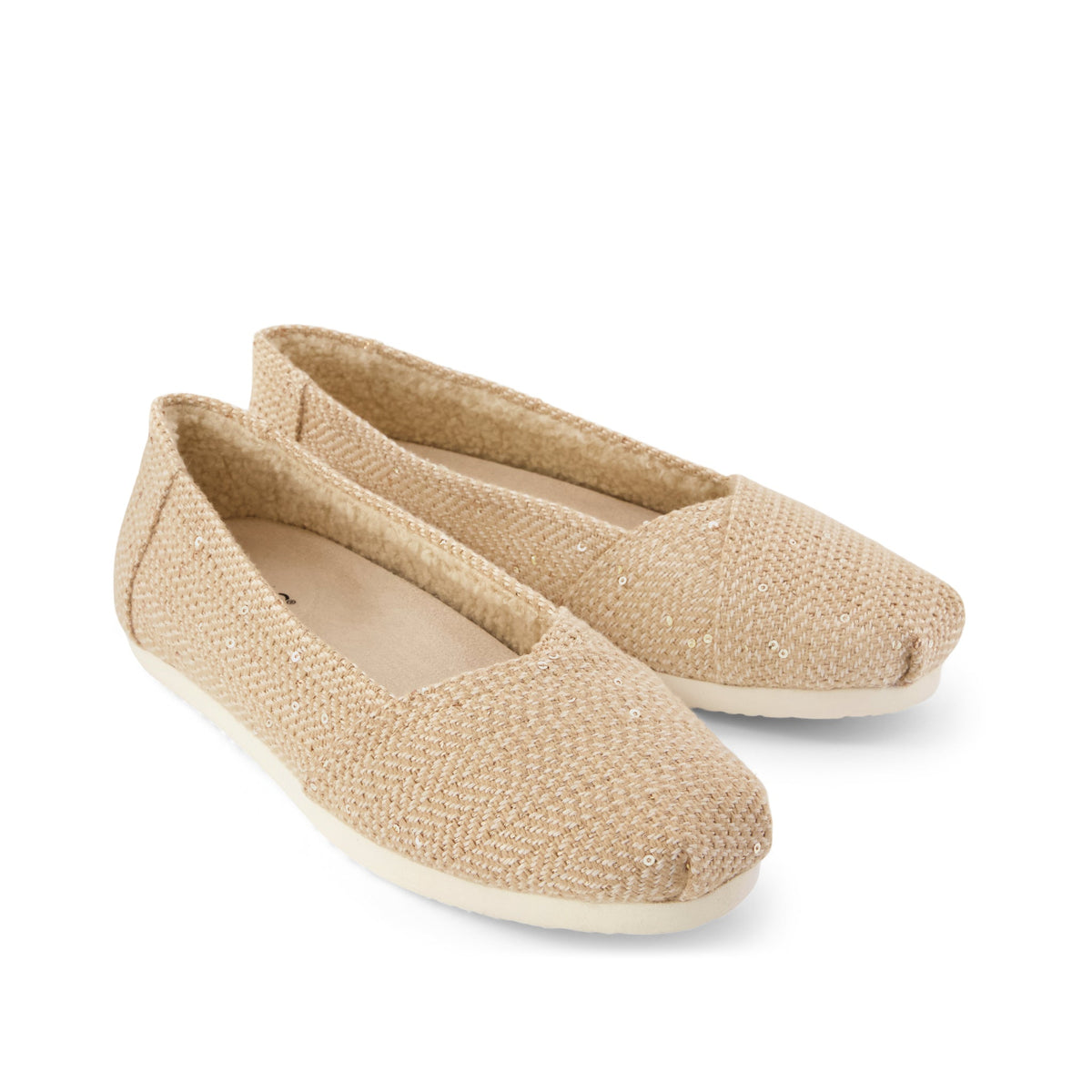 Alpargata Ballet Flat - Oatmeal Sequin Herringbone w/ Faux Shearling Front View