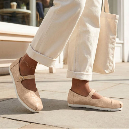 On model image of the Womens Alpargata Mary Jane Bronze Metallic Crosshatch Suede