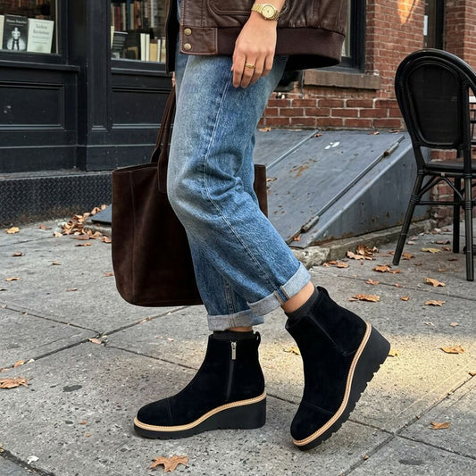 On model image of the Womens Mina Wedge Boot Water Repellent Black Suede