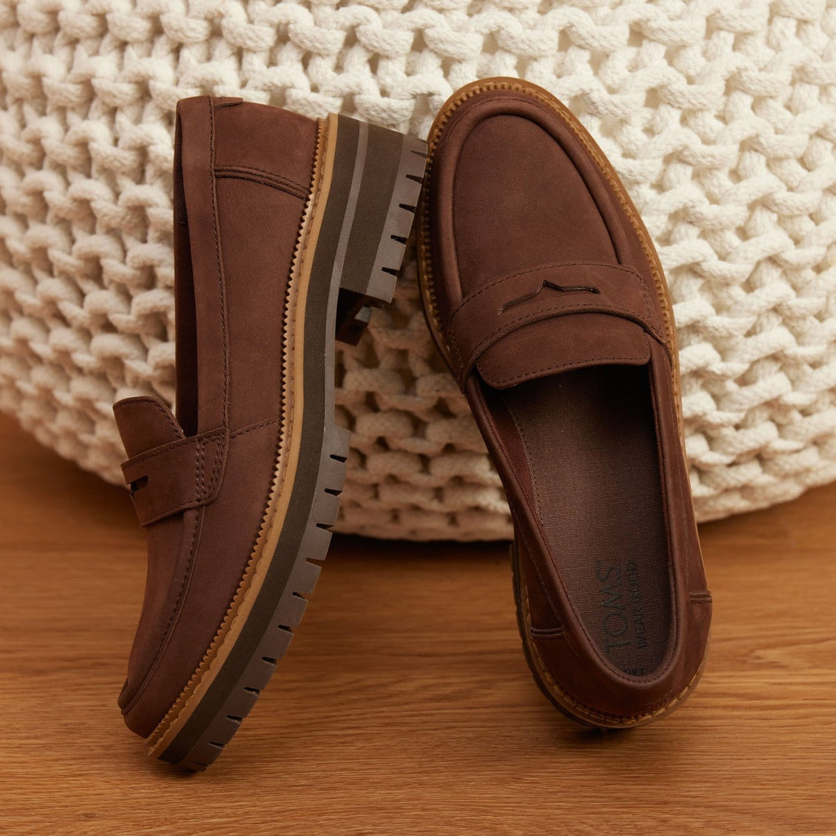 cara lug loafer in dark brown leather up close detail shot
