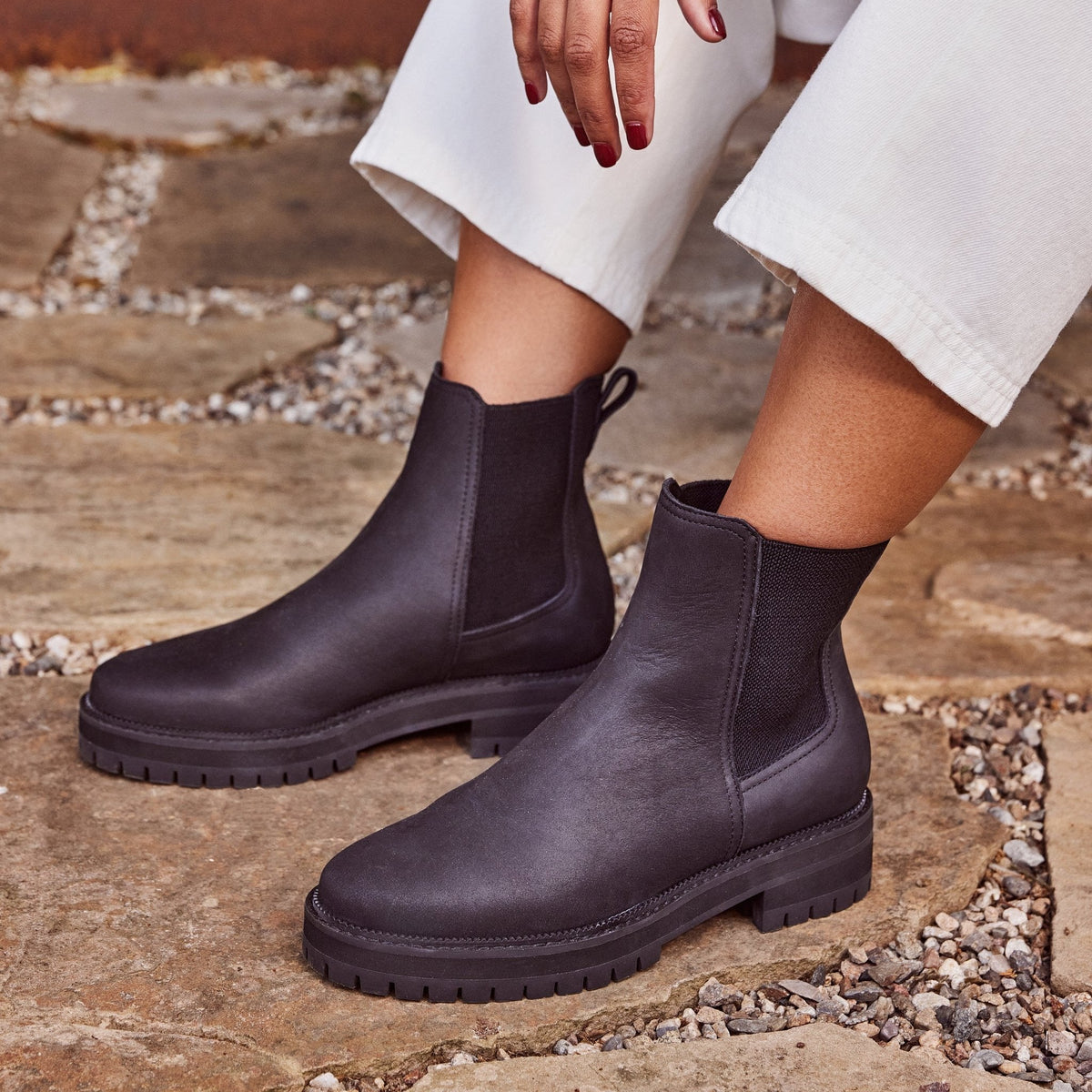 bennet chelsea water resistant boot on model up close detail shot