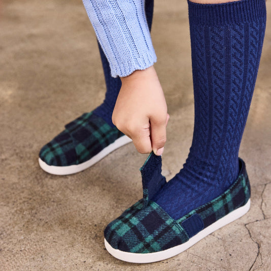 Kids Alpargata Classic in Navy Plaid Kids Shoe on Model Image