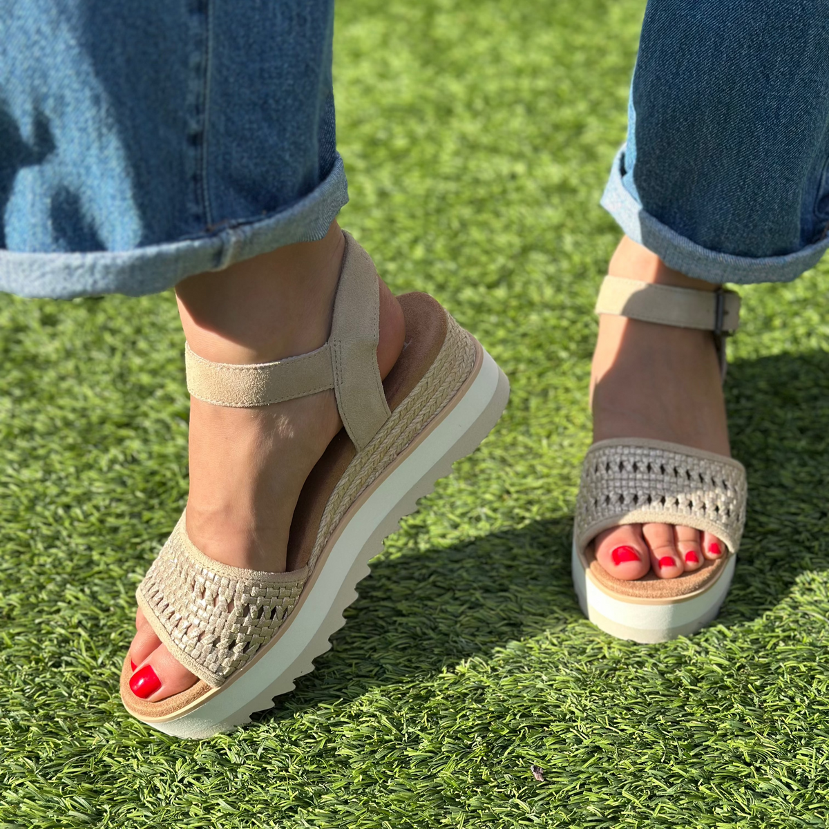 diana wedge sandal with metallic basket weave upper up close detail shot