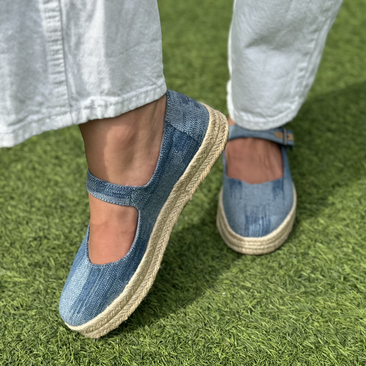 carolina mary jane espadrille in denim up close detail shot