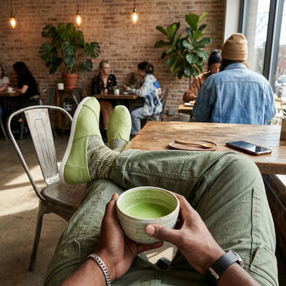 Limited edition matcha alpargata on man sitting in coffee shop