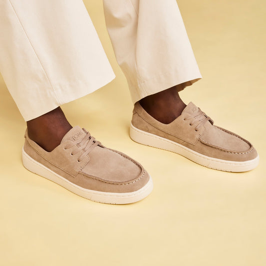 trvl lite london moc toe boat shoe loafer in tan suede up close on model