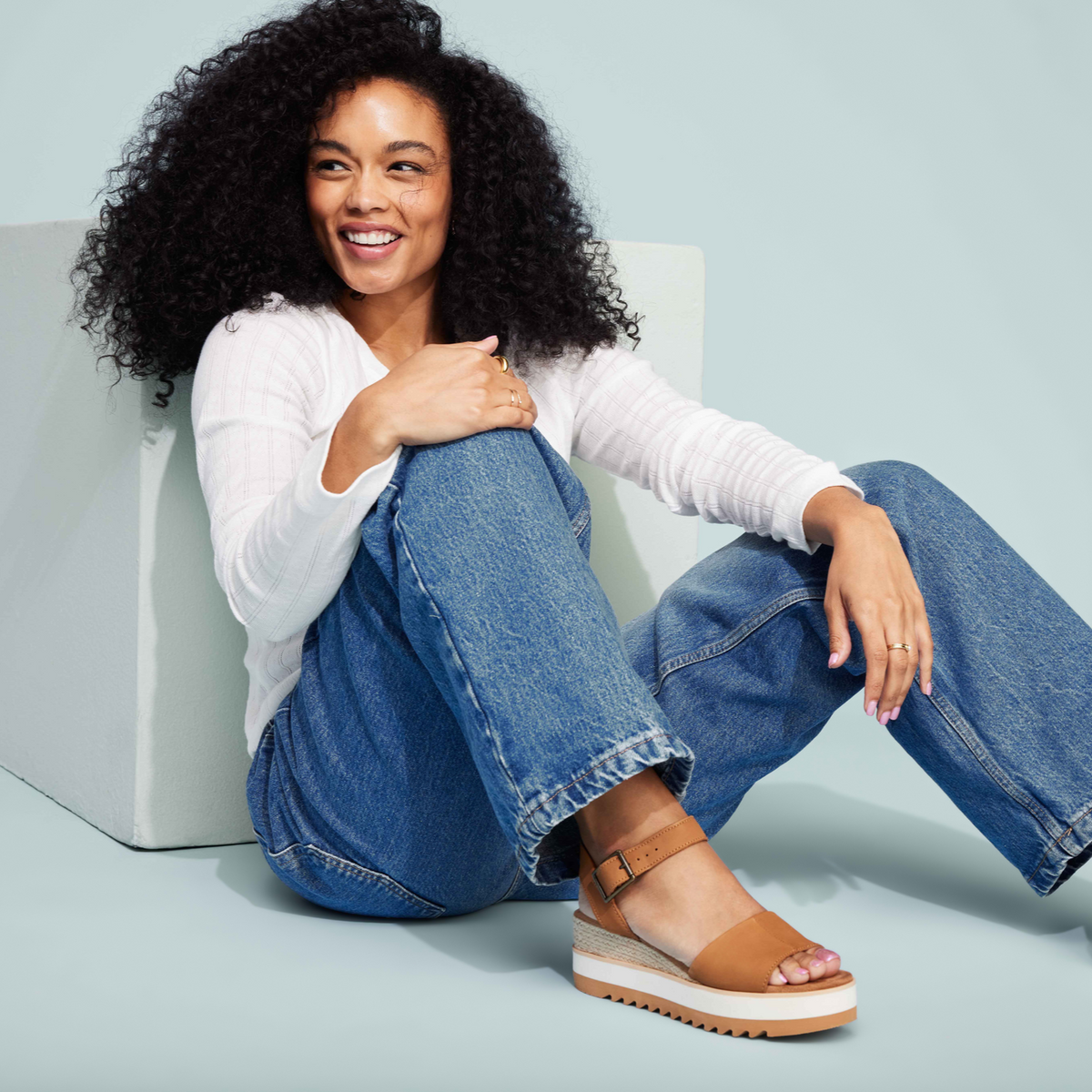 Diana Tan Leather Espadrille Sandal On Model Styled With White Shirt And Denim Wide Leg Jeans