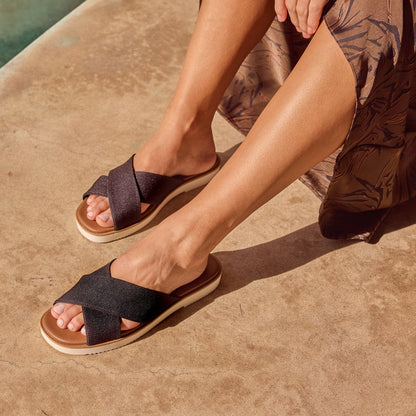 On figure image of the black canvas Mae Crossover Sandals