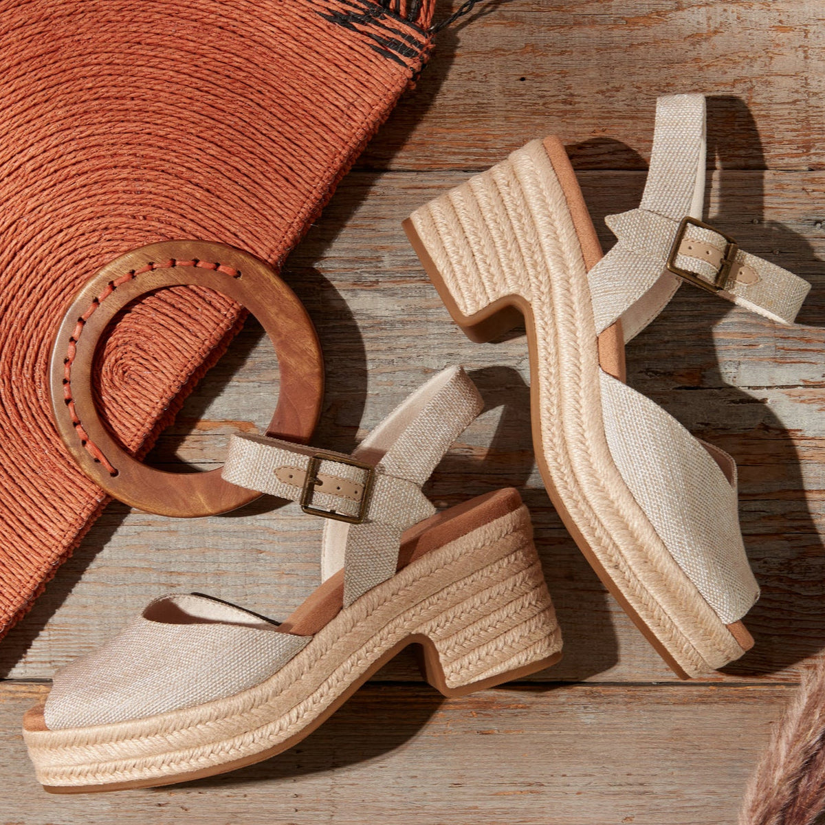 Laydown image of the natural yarn dye Isla Peep Toe Espadrille Heel