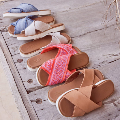 Laydown image of the brown leather Mae Crossover Sandals