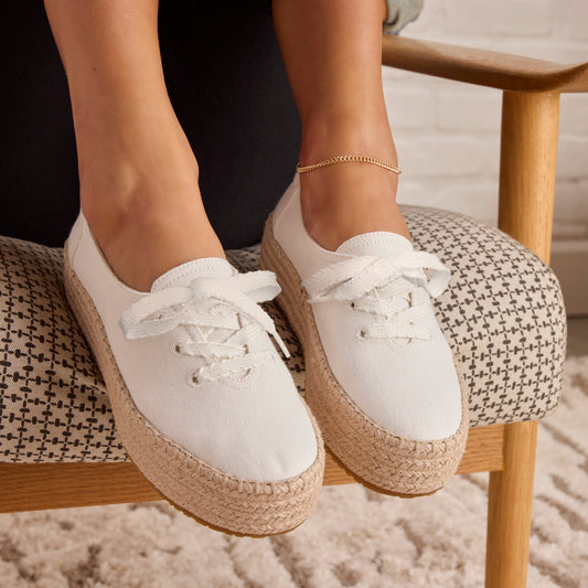 On model close up image of the white Valencia lace up espadrille