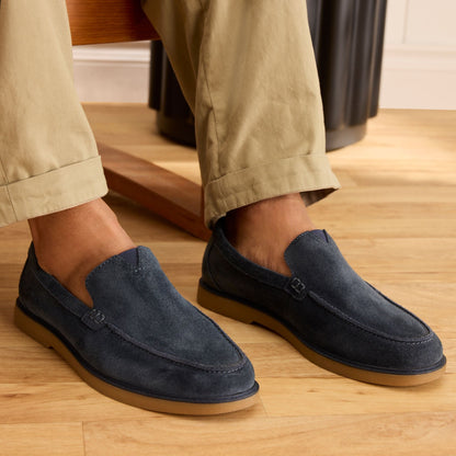 On model image of the navy suede Marcos loafer