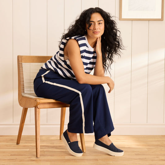 On model image of the navy heritage canvas Verona slip on sneaker