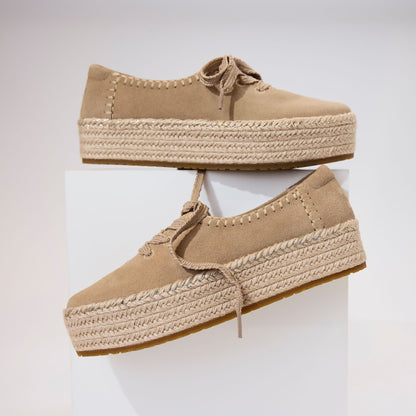 Laydown detail image of the toffee suede lace up Valencia platform espadrille