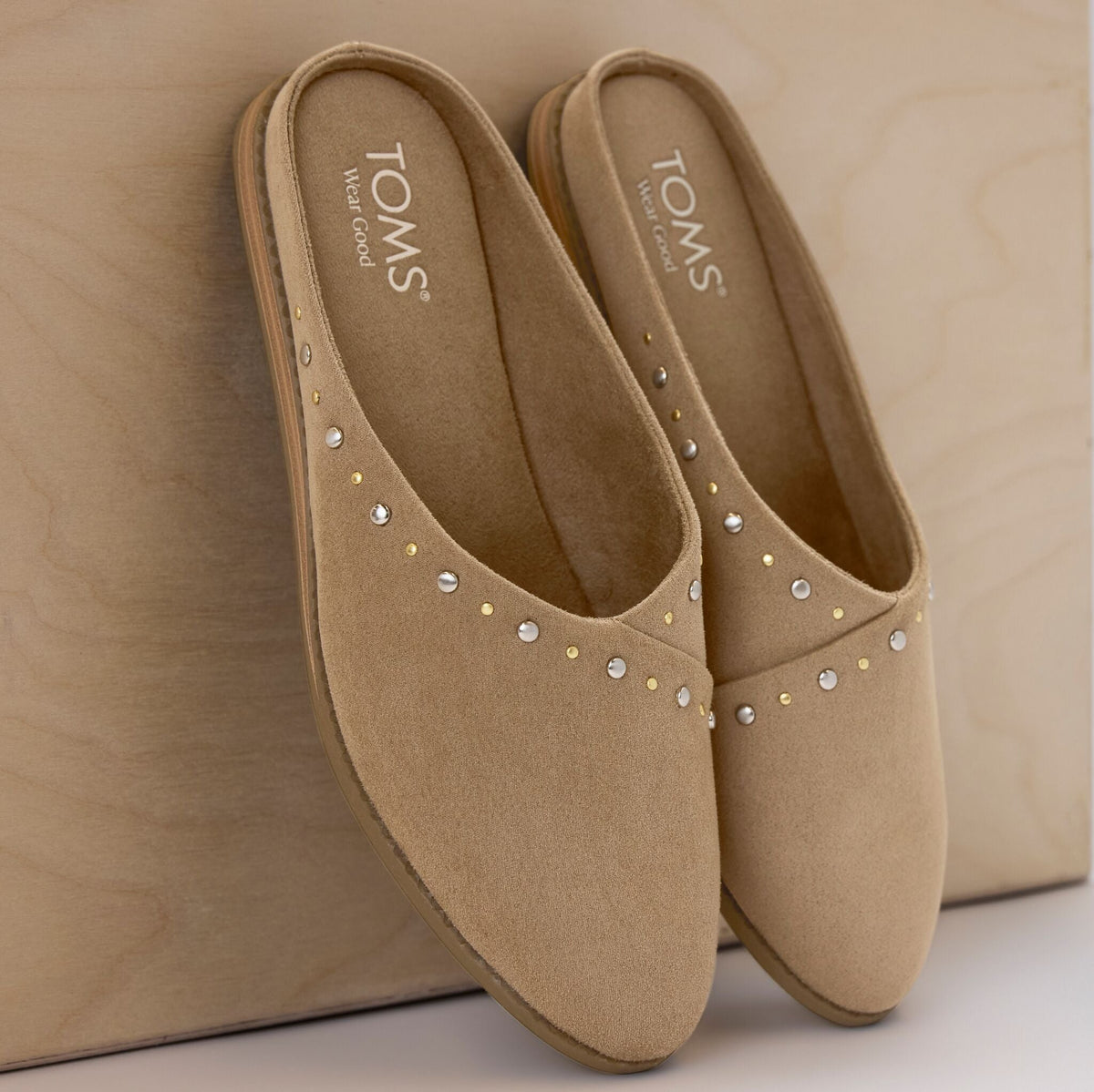 Laydown image of the Womens Amelia Mule Taupe Microsuede with Studs