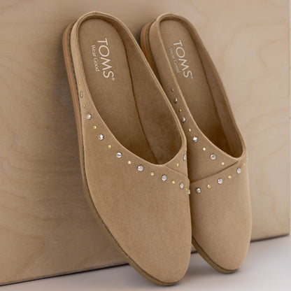 Laydown image of the Womens Amelia Mule Taupe Microsuede with Studs